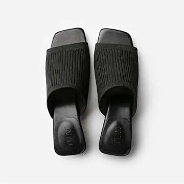 TIJN Open Toe Heeled Mules for Women, Square Flat, Triangle Low Block Heels, Recycled Knit Fabric, 100% Vegan,Katrin,9
