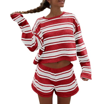 Langwyqu Womens Striped Pajama Sets Long Sleeve Crewneck Sweater Top and Shorts 2 Piece Outfits Loun...