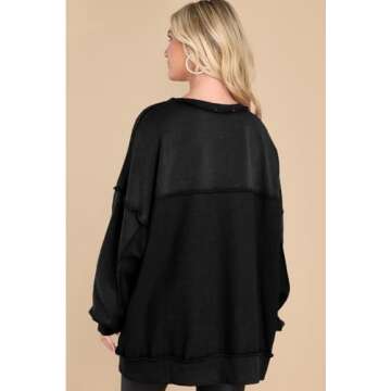 AlvaQ Women's Oversized Sweatshirt Winetr Long Sleeve Casual Slit Pullover Tunic Sweatshirts Casual Button V Neck Iiregular Hem Fall Clothes Fashion 2024 Black Medium