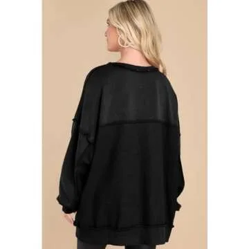 AlvaQ Women's Oversized Sweatshirt Winetr Long Sleeve Casual Slit Pullover Tunic Sweatshirts Casual Button V Neck Iiregular Hem Fall Clothes Fashion 2024 Black Medium