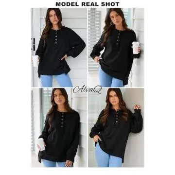 AlvaQ Women's Oversized Sweatshirt Winetr Long Sleeve Casual Slit Pullover Tunic Sweatshirts Casual Button V Neck Iiregular Hem Fall Clothes Fashion 2024 Black Medium