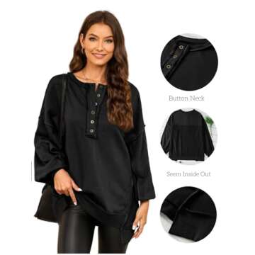 AlvaQ Women's Oversized Sweatshirt Winetr Long Sleeve Casual Slit Pullover Tunic Sweatshirts Casual Button V Neck Iiregular Hem Fall Clothes Fashion 2024 Black Medium