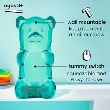 Gummygoods Squeezable Gummy Bear Night Light - Rechargeable, Portable, Squishy Lamp, 60-Min Sleep Ti...