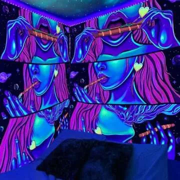 Trippy Tapestry Blacklight Tapestry Weed Tapestry for Stoner Wall Tapestry for Bedroom Room Accessories Cannabis Accessories Weed Smoking Accessories Trippy Room Decor Weed Accessories Posters 60”x40”