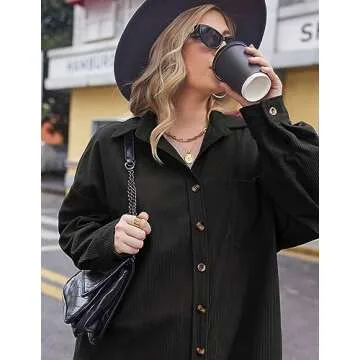 IN'VOLAND Womens Plus Size Corduroy Button Down Shirts Long Sleeve Oversized Fall Blouses Tops Casual Black Jacket 24W