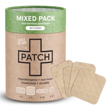 PATCH 100 Piece Value Pack Mixed Sizes - Eco-Friendly Bamboo Bandages for Cuts & Scratches, Hypoalle...