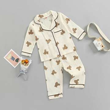 Kids Toddler Pajama Set - Long Sleeve Bear Print Sleepwear (Apricot, 2-3T)