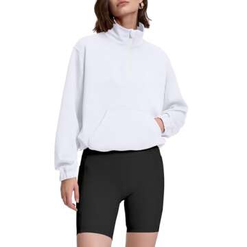 PrettyGuide Women's Half Zip Pullover Sweatshirt Scuba Stand Collar Crop Sweatshirt with Pockets Whi...