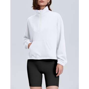 PrettyGuide Women's Half Zip Pullover Sweatshirt Scuba Stand Collar Crop Sweatshirt with Pockets White M
