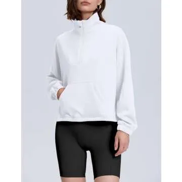 PrettyGuide Women's Half Zip Pullover Sweatshirt Scuba Stand Collar Crop Sweatshirt with Pockets White M