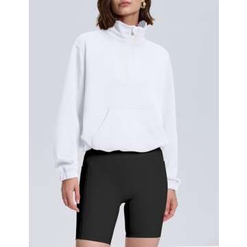 PrettyGuide Women's Half Zip Pullover Sweatshirt Scuba Stand Collar Crop Sweatshirt with Pockets White M