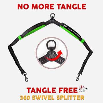 Exquisite Hands Free Double Dog Leash for Medium Dogs - Dual Dog Leash - Two Dog Leash No Tangle - Dog Leash for 2 Dogs - Double Leash - Leash Splitter - Double Leash Coupler (Medium, Black & Green)
