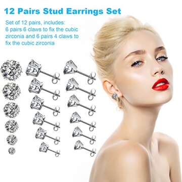 Stud Earrings, [6+6 Pairs] Stud Earrings for Women, Men, 3-8mm Cubic Zirconia Earrings Studs, 316L S...