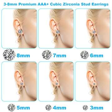 Stud Earrings, [6+6 Pairs] Stud Earrings for Women, Men, 3-8mm Cubic Zirconia Earrings Studs, 316L Stainless Steel Hypoallergenic Earrings Set, Silver