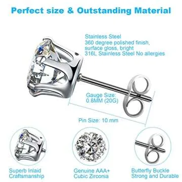 Stud Earrings, [6+6 Pairs] Stud Earrings for Women, Men, 3-8mm Cubic Zirconia Earrings Studs, 316L Stainless Steel Hypoallergenic Earrings Set, Silver