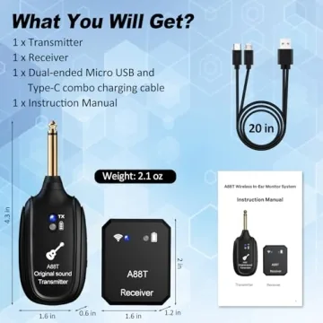 INGPARTNER Wireless in Ear Monitor System 2.4GHz Wireless IEM System with Transmitter, Clip on Receiver Auto-Pairing in-Ear Monitoring for Studio, Guitar, DJ, Live Performance (A88T)