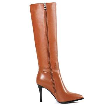 COLETER Women's Brown Leather Knee High Boots Pointy Toe Side-Zip High Heels Dress Boots Brown 10.5 US