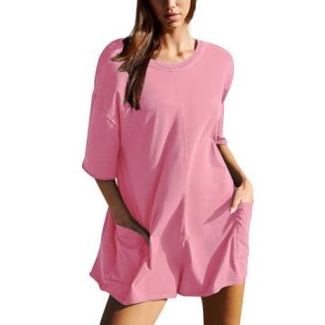 Dokuritu Black Rompers for Women Short Sleeve Round Neck Summer Athletic Romper Oversized Back V Nec...