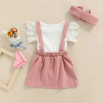 Infant Girls Summer 3Pcs Outfit Sets Ruffle Short Sleeve Ribbed Romper + Suspender Skirt + Headband (A-Pink, 3-6 Months)