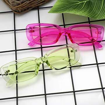 Tokaoat 2 Pack Rectangle Sunglasses for Women- Vintage Sunglasses 90s Sunglasses for Women Retro Pink and Green