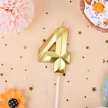 PHD CAKE 2.76 Inch Diamond Gold 4 Number Birthday Candles, Gold Number Candles, Cake Number Candles,...