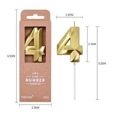PHD CAKE 2.76 Inch Diamond Gold 4 Number Birthday Candles, Gold Number Candles, Cake Number Candles, Party Celebration