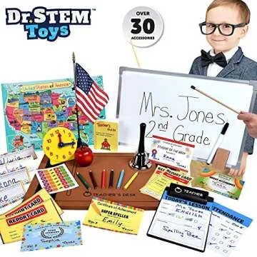 Dr. STEM Toys | Play Teacher Role-Play Set Includes Reusable White Board, Bell, Report Cards, for Home or Classroom, Over 30 Pieces Included, Gift for Kids, Complete Set
