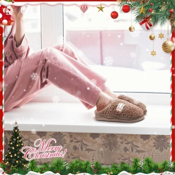 Kiemorgy Slippers for Women Men, Memory Foam Slippers for Women, Soft Thick Brown Fuzzy Slippers Women Men, Closed-toe Bedroom House Slippers for Women Men Indoor Outdoor (9301brown42/43)