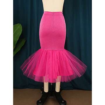 AOMEI Women's High Waist Bodycon Patchwork Mesh Hem Party Midi Skirt (Rose,XXXL,3X-Large)