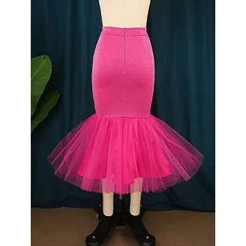 AOMEI Women's High Waist Bodycon Patchwork Mesh Hem Party Midi Skirt (Rose,XXXL,3X-Large)