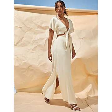 COZYEASE Women's Short Sleeve Maxi Dress Tie Front Split Hem A Line Dress Casual Summer Beige L