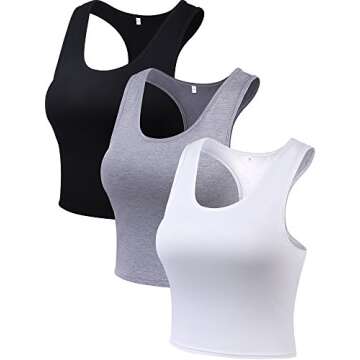 Boao 3 Pieces Crop Tops for Women, Workout Tops Basic Cropped Tank Tops Sleeveless Racerback Sports Gym Crop Tank for Teen Girls (Black, White, Grey, Medium)