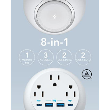 Anker 637 Magnetic Charging Station (MagGo) - Versatile 8-in-1 Power Strip, Desktop Accessory with 3 AC, 2 USB A, 2 USB C, Max 65W for Fast Charging, Compact Size for Easy Portability