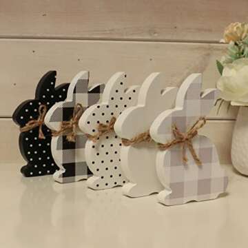 Easter Decorations For The Home, 5pcs Easter Bunny Table Signs With Buffalo Plaid & Bots, Wooden Farmhouse Easter Decor For Tiered Tray, Rustic Easter Gifts For Kids Family Office Classroom