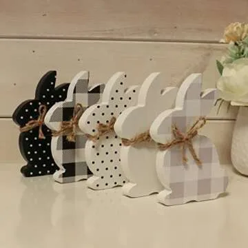 Easter Decorations For The Home, 5pcs Easter Bunny Table Signs With Buffalo Plaid & Bots, Wooden Farmhouse Easter Decor For Tiered Tray, Rustic Easter Gifts For Kids Family Office Classroom