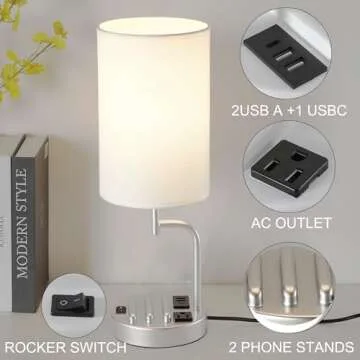 Dreamholder Table Lamp with 3 USB Charging Ports, Modern Desk Lamp with AC Outlet and Phone Stands, ...