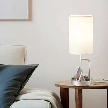 Dreamholder Table Lamp with 3 USB Charging Ports, Modern Desk Lamp with AC Outlet and Phone Stands, Perfect Bedside Lamp for Bedroom, Living Room, Office (Pack of 2), Silver