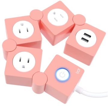 iJoy Flexible Power Strip - 3 AC Outlets and 2 USB Charging Ports with Pink Extension Cord, Power St...