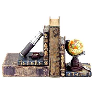 Bellaa 26263 Decorative Bookends Vintage Telescope Globe Book Ends Holder Support Antiques Pirate Ol...