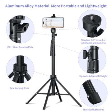 Fugetek 62" Selfie Stick Tripod for iPhone, Stable 4 Leg Design, Bluetooth Remote, Aluminum Stick & Legs, Lightweight, Portable All in One, Compatible with iPhone & Android, Non Skid Feet