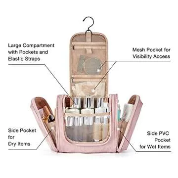 BAGSMART Toiletry Bag for Women, Travel Toiletry Organizer with hanging hook, Water-resistant Cosmetic Makeup Bag Travel Organizer for Shampoo, Full-size Container, Toiletries, Pink-Medium