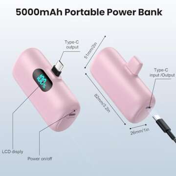 Mini Portable Charger USB C Power Bank,5000mAh PD Fast Charging Battery Pack Built-in USB-C Connector LCD Display Compatible with iPhone 16,15,15Plus,15 Pro/Max,iPad Pro,Android Phone etc-Pink