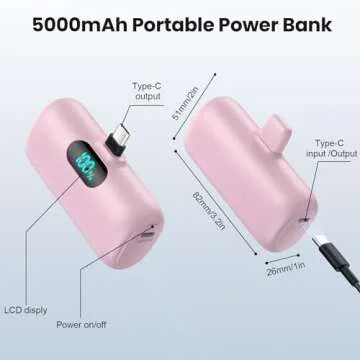Mini Portable Charger USB C Power Bank,5000mAh PD Fast Charging Battery Pack Built-in USB-C Connector LCD Display Compatible with iPhone 16,15,15Plus,15 Pro/Max,iPad Pro,Android Phone etc-Pink