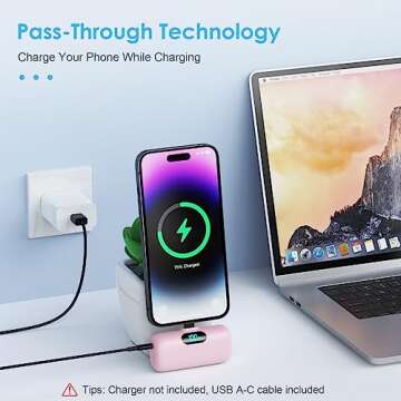 Mini Portable Charger USB C Power Bank,5000mAh PD Fast Charging Battery Pack Built-in USB-C Connector LCD Display Compatible with iPhone 16,15,15Plus,15 Pro/Max,iPad Pro,Android Phone etc-Pink