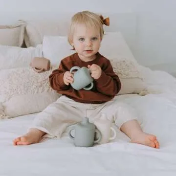 KIDSco. Silicone Sippy Cup and Training Cup for Baby 6 months+ Soft Spout and Handles Unbreakable Easy Grip for Babies 6-12 months and Toddlers 1-3 years 5oz/150ml (2-pack Sandy Shore and Green)