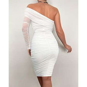 GOKATOSAU Women's Elegant One Shoulder Sheer Bodycon Ruched Midi Semi Formal Dress White