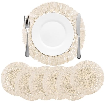 6 Pcs Boho Macrame Placemats Set Handmade Cotton Woven Boho Placemats Cute Desk Decor Round Farmhous...