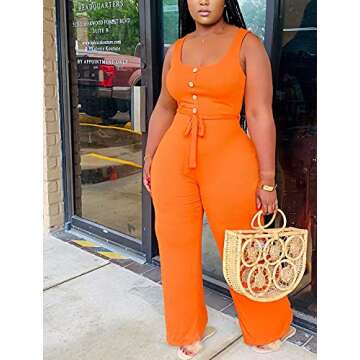 Fastkoala Jumpers for Women Rompers Dressy Summer - Tank Jumpsuit Sexy Elegant Sleeveless Drawstring Waist Wide Leg Palazzo Long Pants One Piece Jumpsuit Clubwear Orange, Large