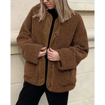 PRETTYGARDEN Women's Warm Winter Coats Casual Long Sleeve Button up Fuzzy Sherpa Fleece Jackets Outerwear (Brown,Medium)