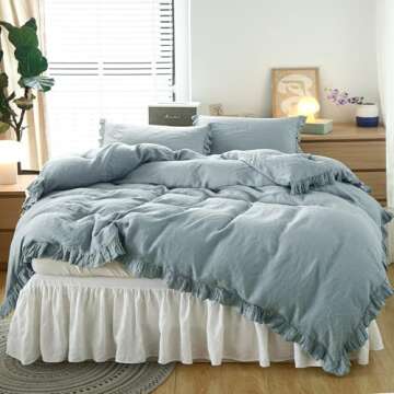 Simple&Opulence 100% Linen Duvet Cover Set, 3 PCS Natural French Flax Dusty Blue Ruffle Duvet Cover ...